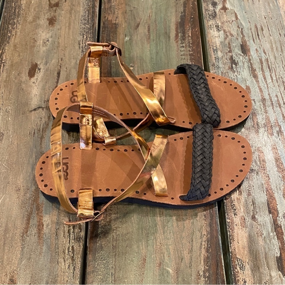 UGG NWOT Jordyne Sandals Flats Size 5 Metallic Copper Leather Braided Black - Picture 13 of 13